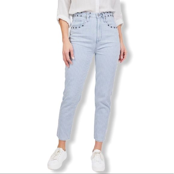 Juicy Couture High Rise White Blue Stripe Girlfriend Jeans with Studded Detail - Picture 1 of 14